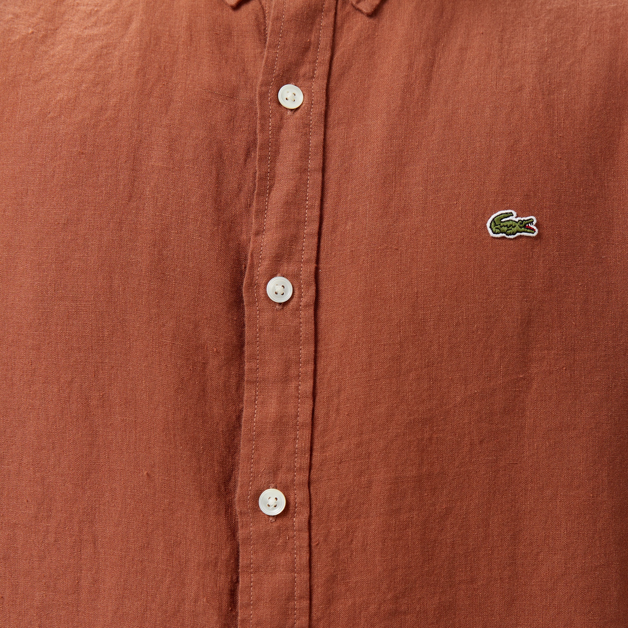 Lacoste Erkek Regular Fit Düğmeli Yaka Keten Kahverengi Gömlek