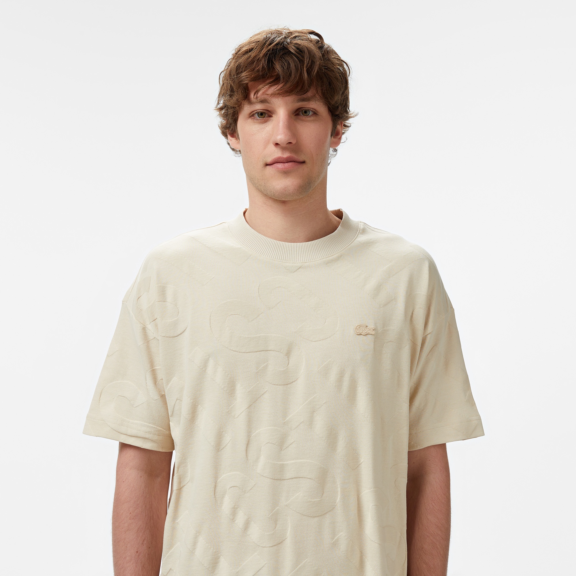 Lacoste Erkek Bisiklet Yaka Desenli Bej T-Shirt