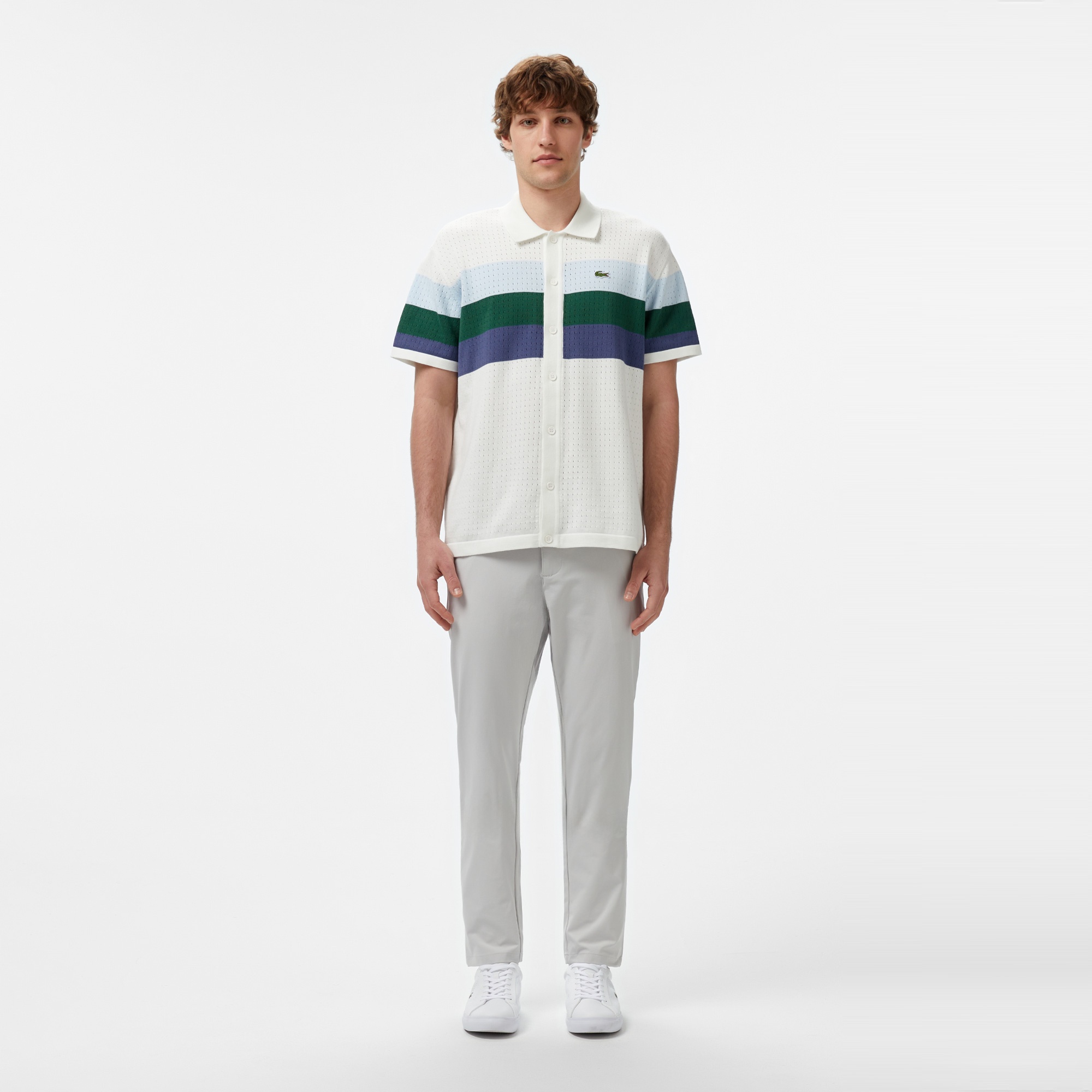 Erkek Kısa Kollu Polo Yaka Çizgili Beyaz Triko