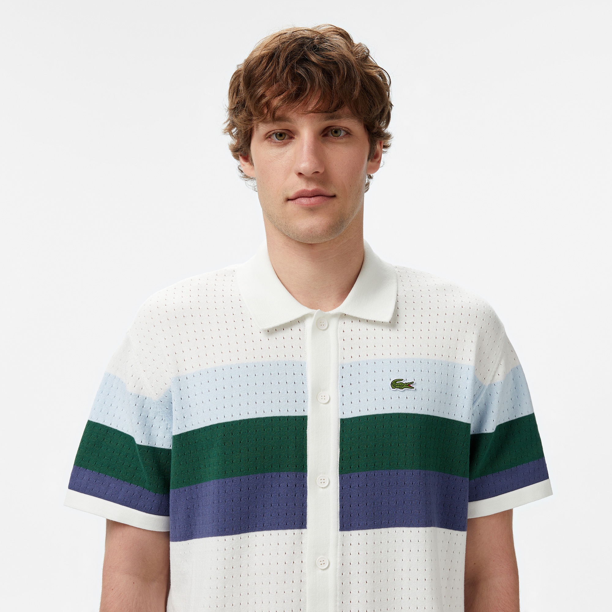 Erkek Kısa Kollu Polo Yaka Çizgili Beyaz Triko