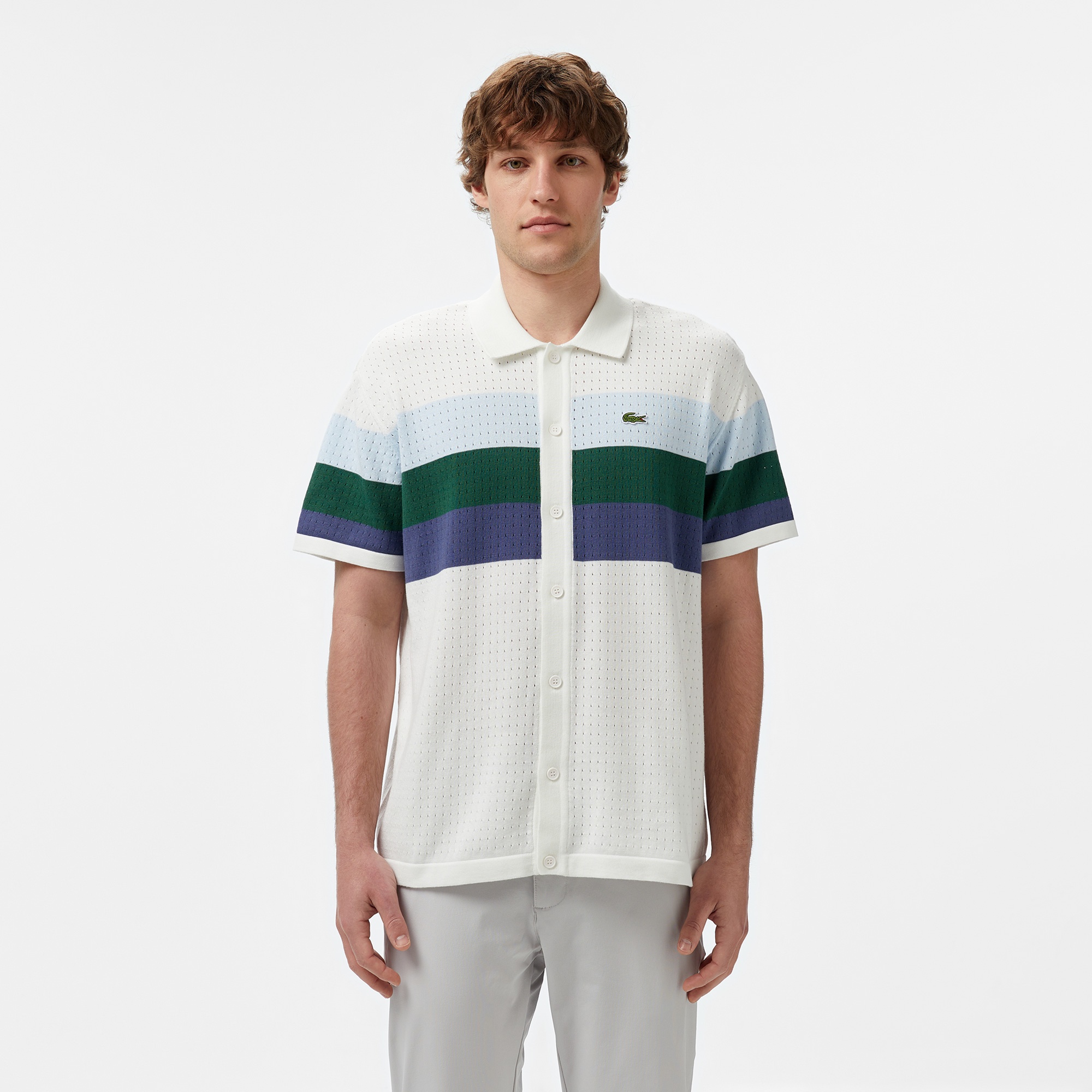 Erkek Kısa Kollu Polo Yaka Çizgili Beyaz Triko