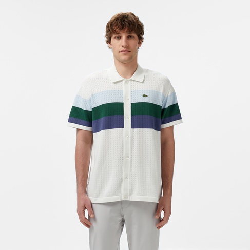  Erkek Kısa Kollu Polo Yaka Çizgili Beyaz Triko