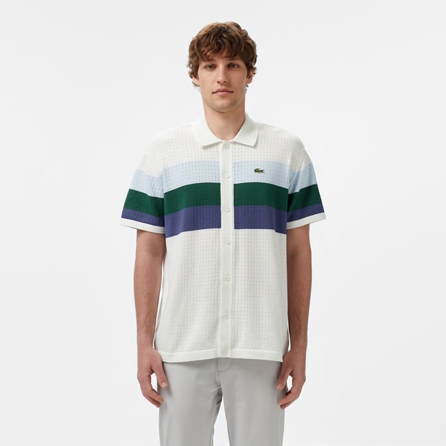  Erkek Kısa Kollu Polo Yaka Çizgili Beyaz Triko