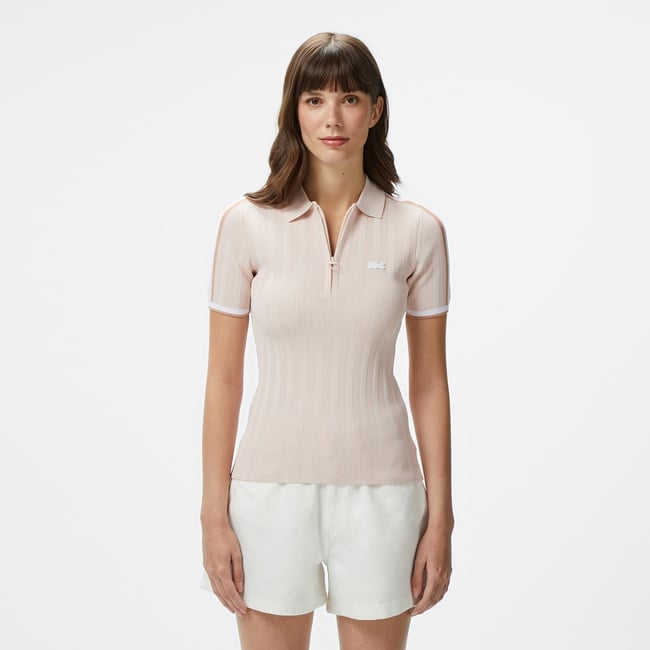  Kadın Slim Fit Kısa Kollu Yarım Fermuarlı Krem Triko