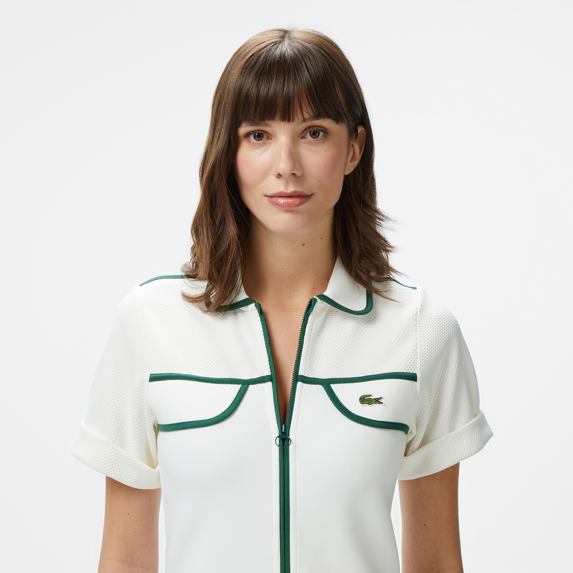 Lacoste Kadın Classic Fit Kısa Kollu Polo Yaka Renk Bloklu Beyaz Elbise