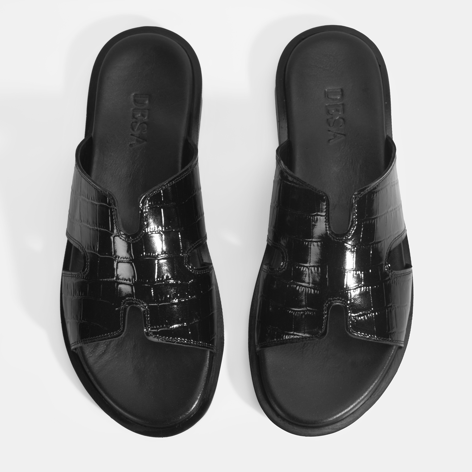 Erkek Siyah Kroko Desenli Deri Terlik