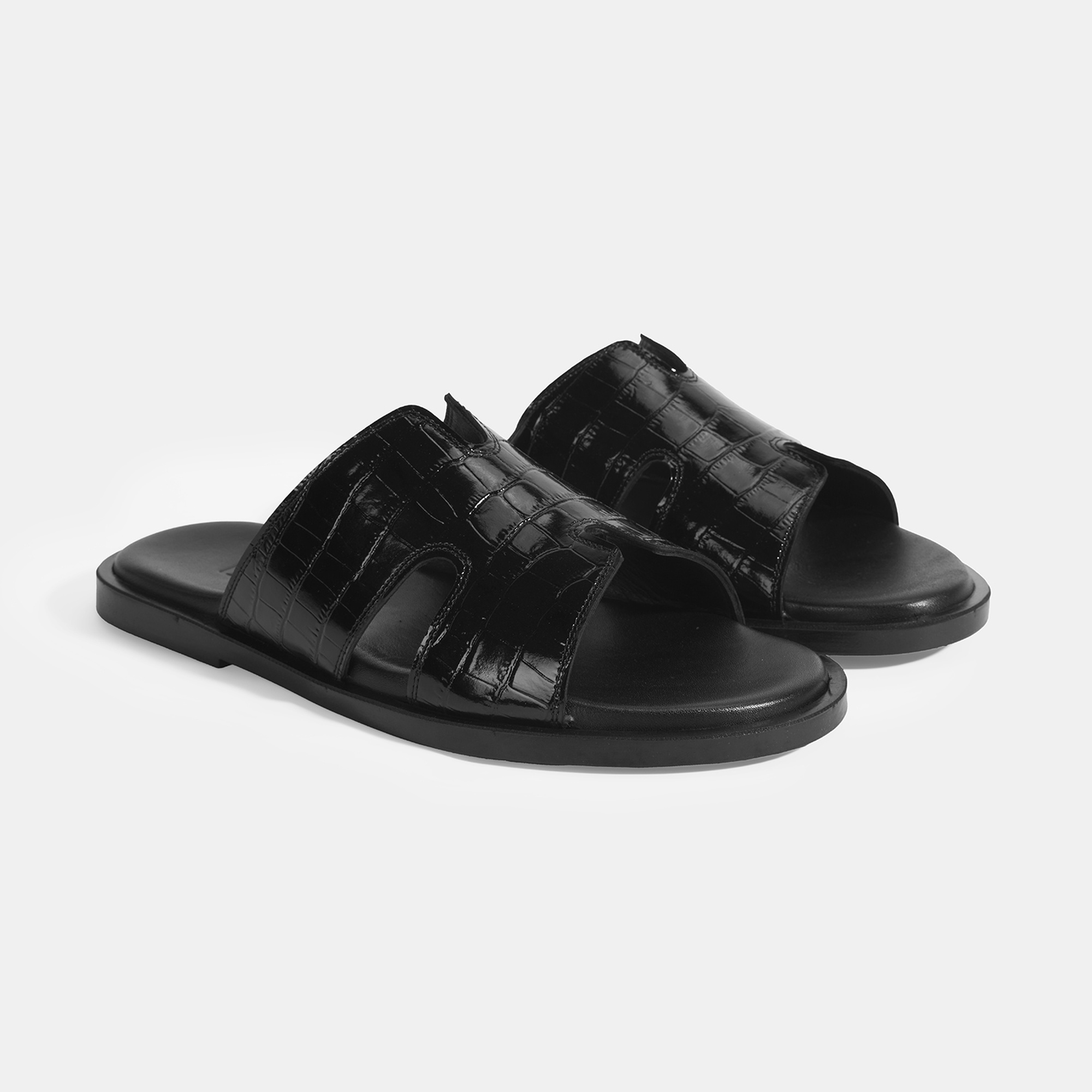 Erkek Siyah Kroko Desenli Deri Terlik