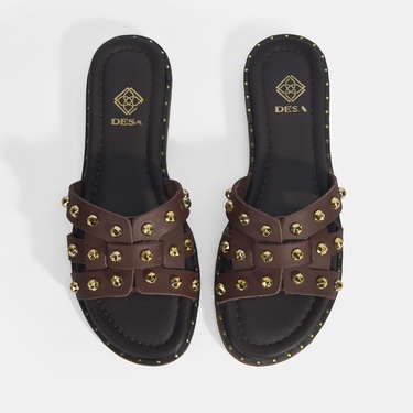  Kadın Kahve Zımba Detaylı Deri Terlik