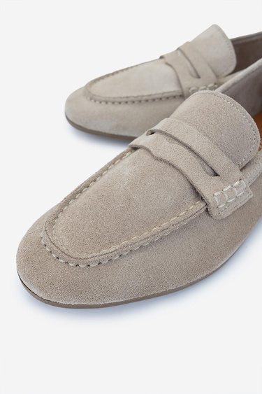  Valmenti Kadın Hakiki Deri Bej Süet Loafer Ayakkabı