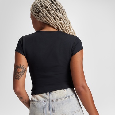  Converse Classic Kadın Slim Fit V Yaka Büzgülü Siyah T-Shirt