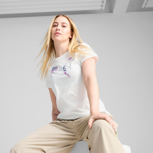  Puma Graphics Floral Cat Logo Kadın Beyaz T-Shirt