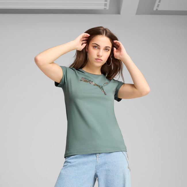  Puma Graphics Floral Cat Logo Kadın Yeşil T-Shirt