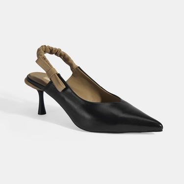  Kadın Siyah Fiyonk Detaylı Lastik Bantlı Deri Topuklu Ayakkabı