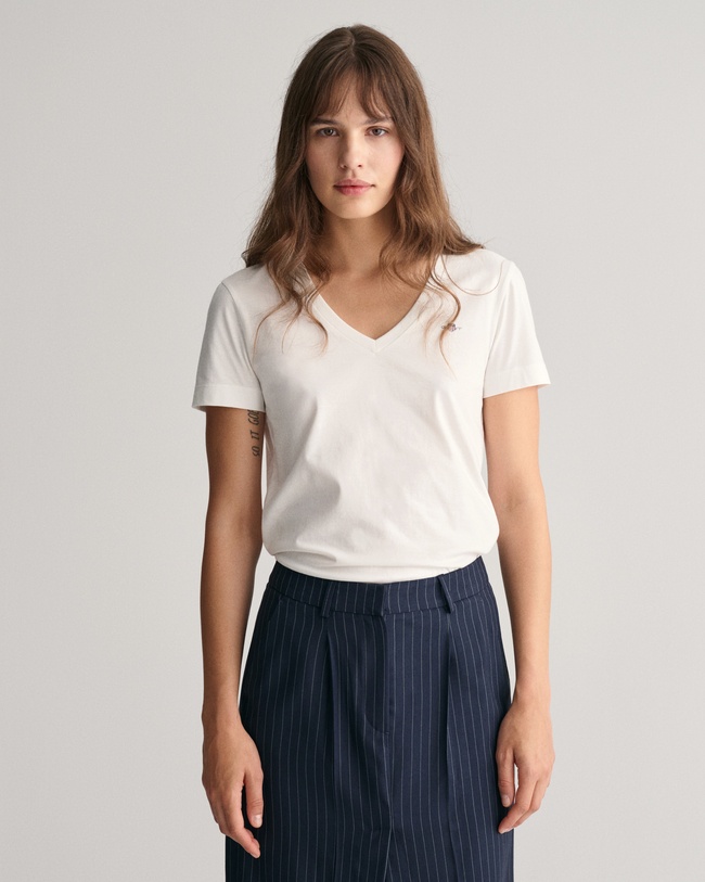  GANT Kadın Beyaz Regular Fit V Yaka T-Shirt