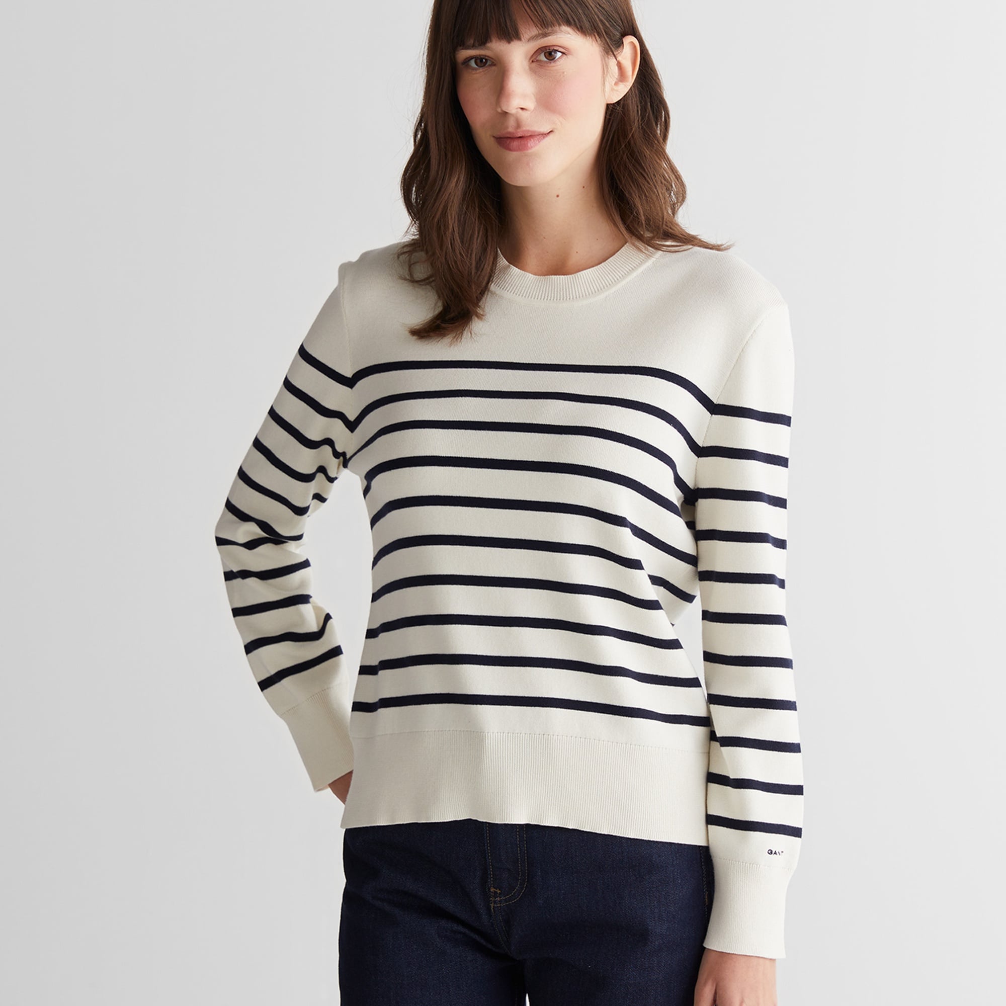 GANT Kadın Krem Regular Fit Bisiklet Yaka Çizgili Kazak