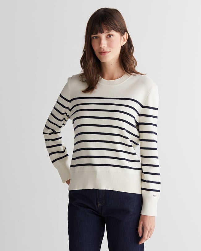  GANT Kadın Krem Regular Fit Bisiklet Yaka Çizgili Kazak