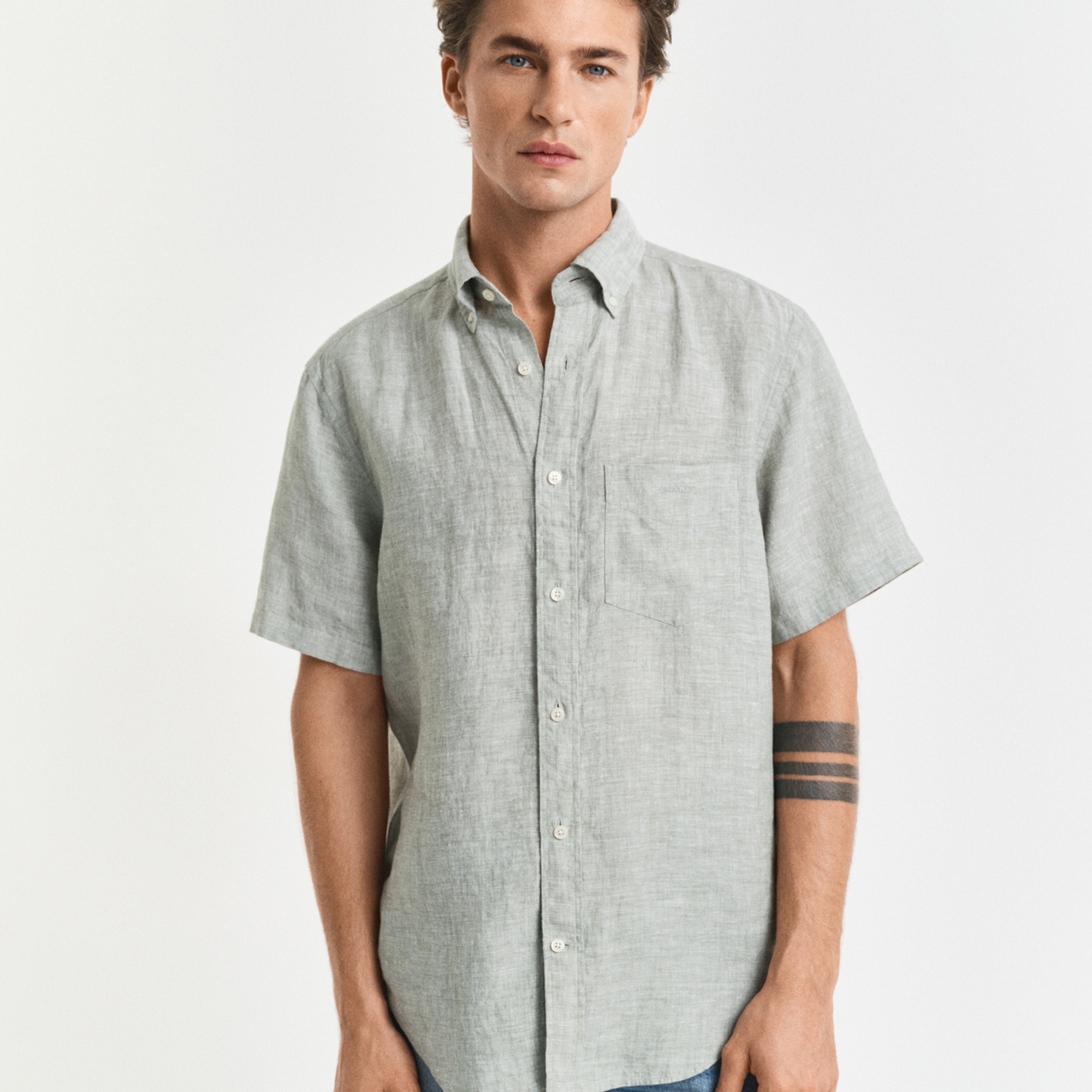 GANT Erkek Yeşil Regular Fit Düğmeli Yaka Keten Gömlek