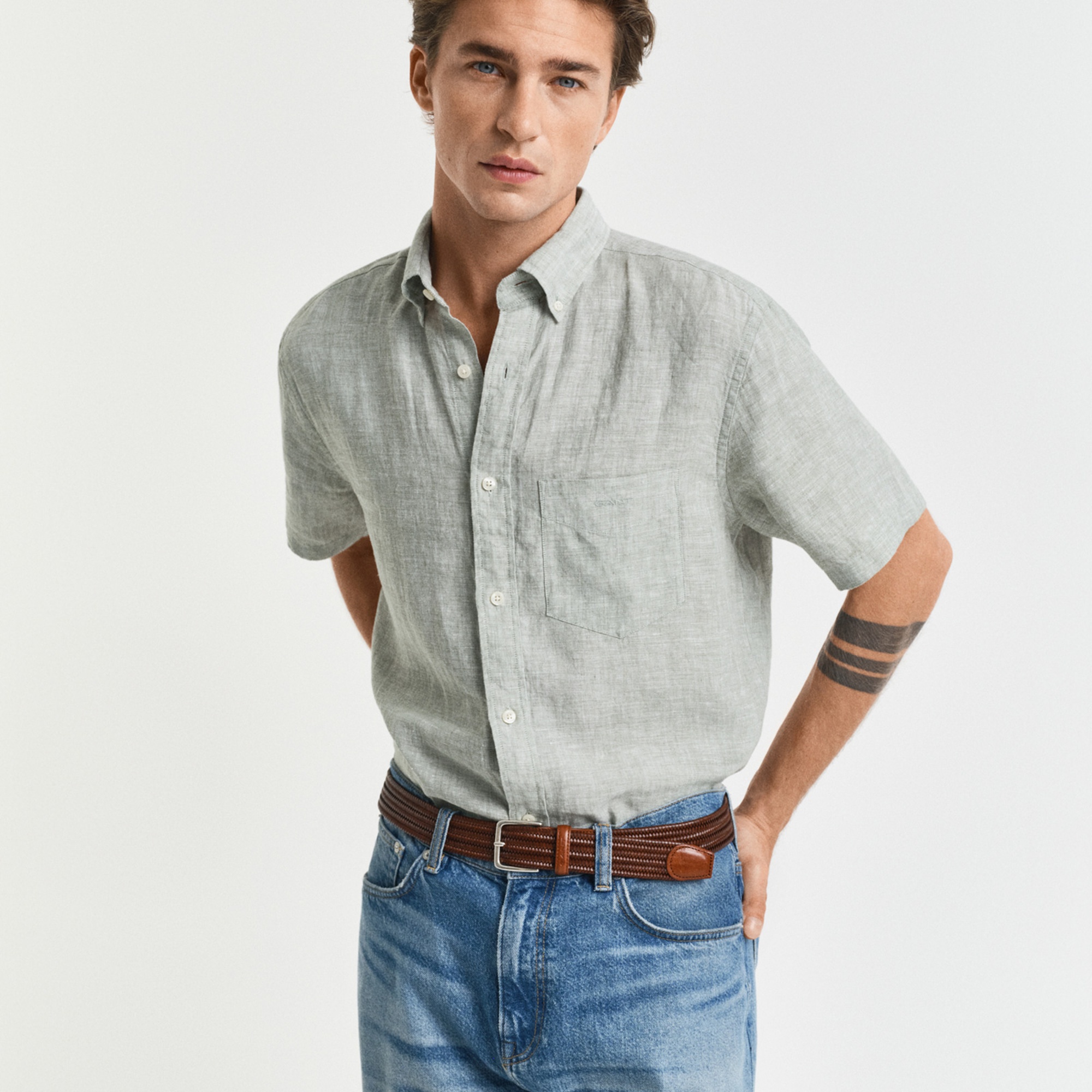 GANT Erkek Yeşil Regular Fit Düğmeli Yaka Keten Gömlek