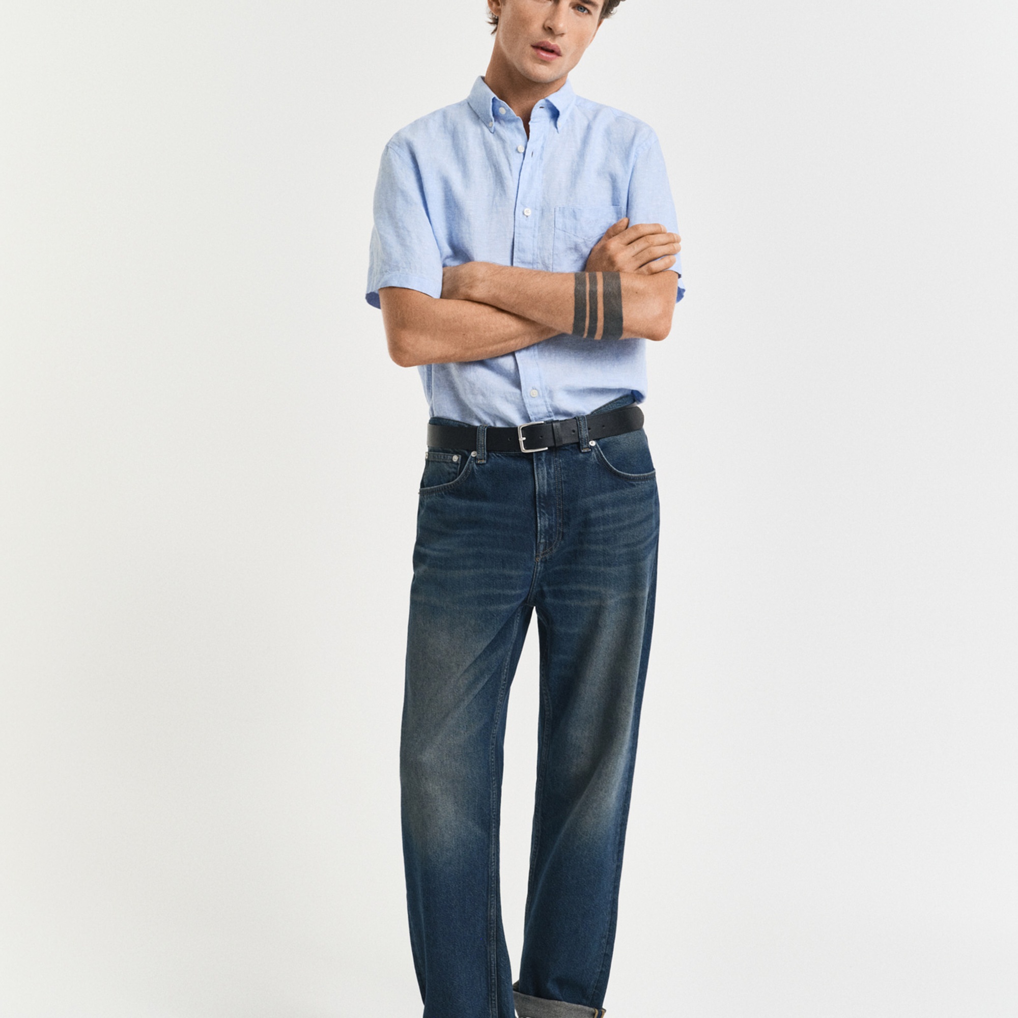 GANT Erkek Mavi Regular Fit Düğmeli Yaka Keten Gömlek