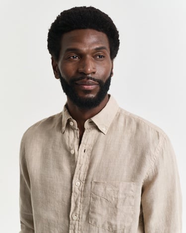  GANT Erkek Bej Regular Fit Düğmeli Yaka Keten Gömlek