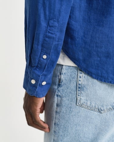  GANT Erkek Lacivert Regular Fit Düğmeli Yaka Keten Gömlek