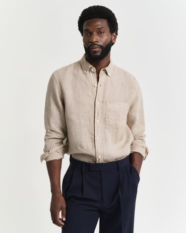  GANT Erkek Bej Regular Fit Düğmeli Yaka Keten Gömlek