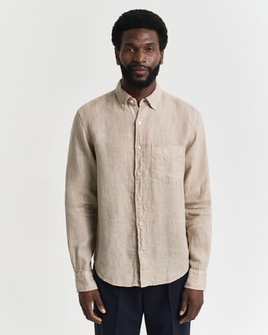  GANT Erkek Bej Regular Fit Düğmeli Yaka Keten Gömlek