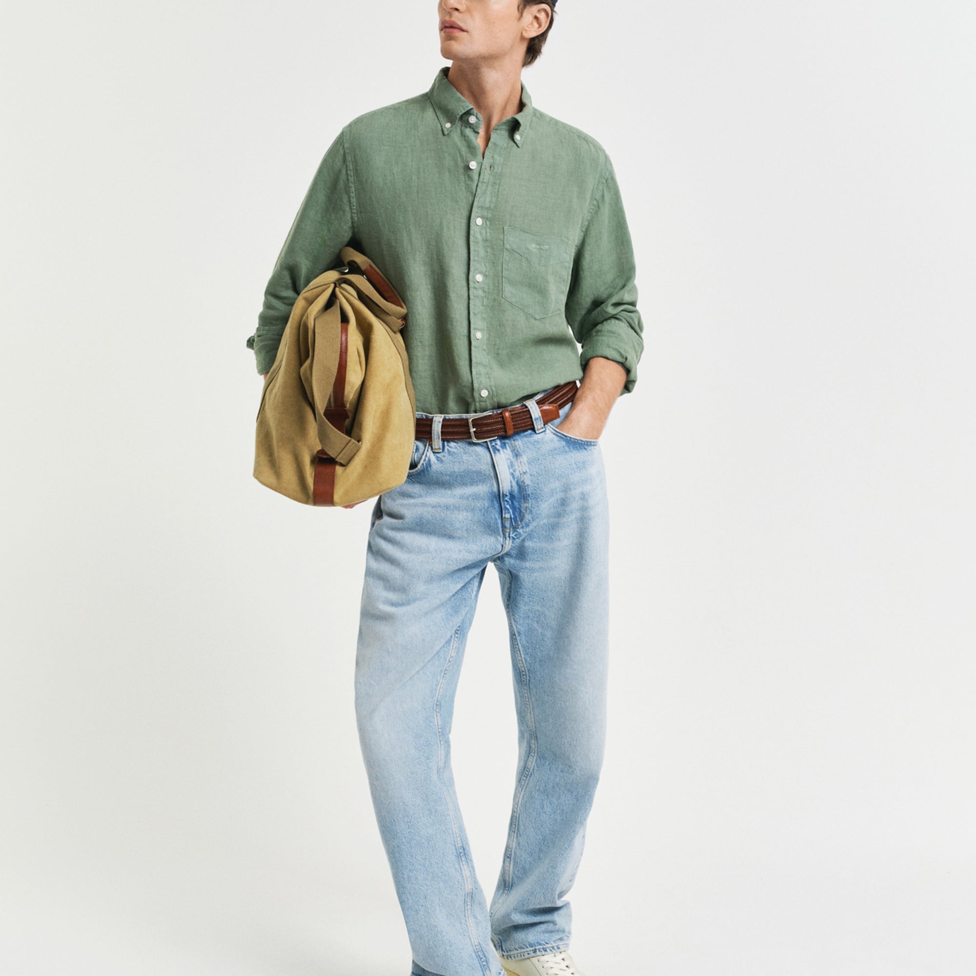 GANT Erkek Yeşil Regular Fit Düğmeli Yaka Keten Gömlek