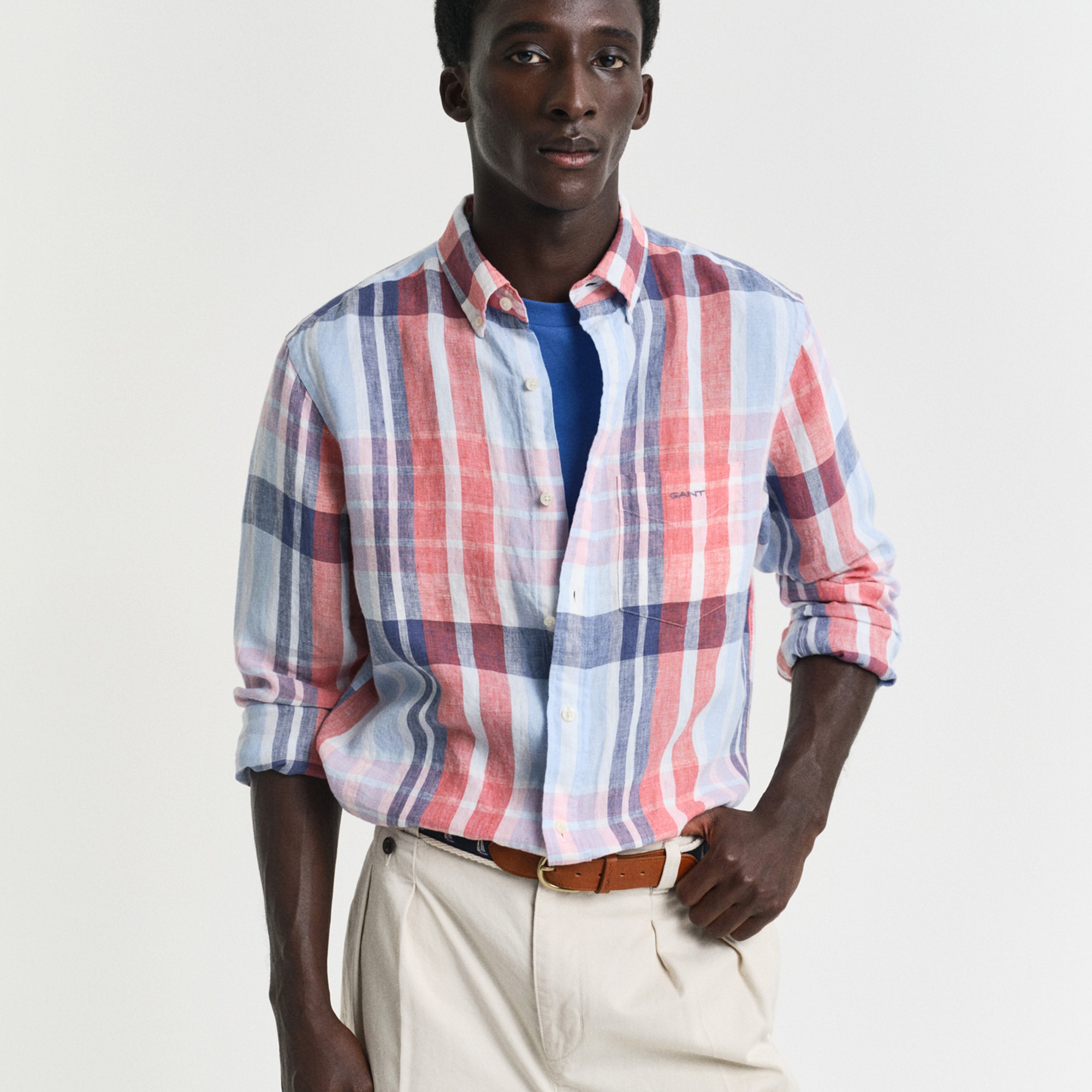 GANT Erkek Kırmızı Regular Fit Düğmeli Yaka Kareli Keten Gömlek