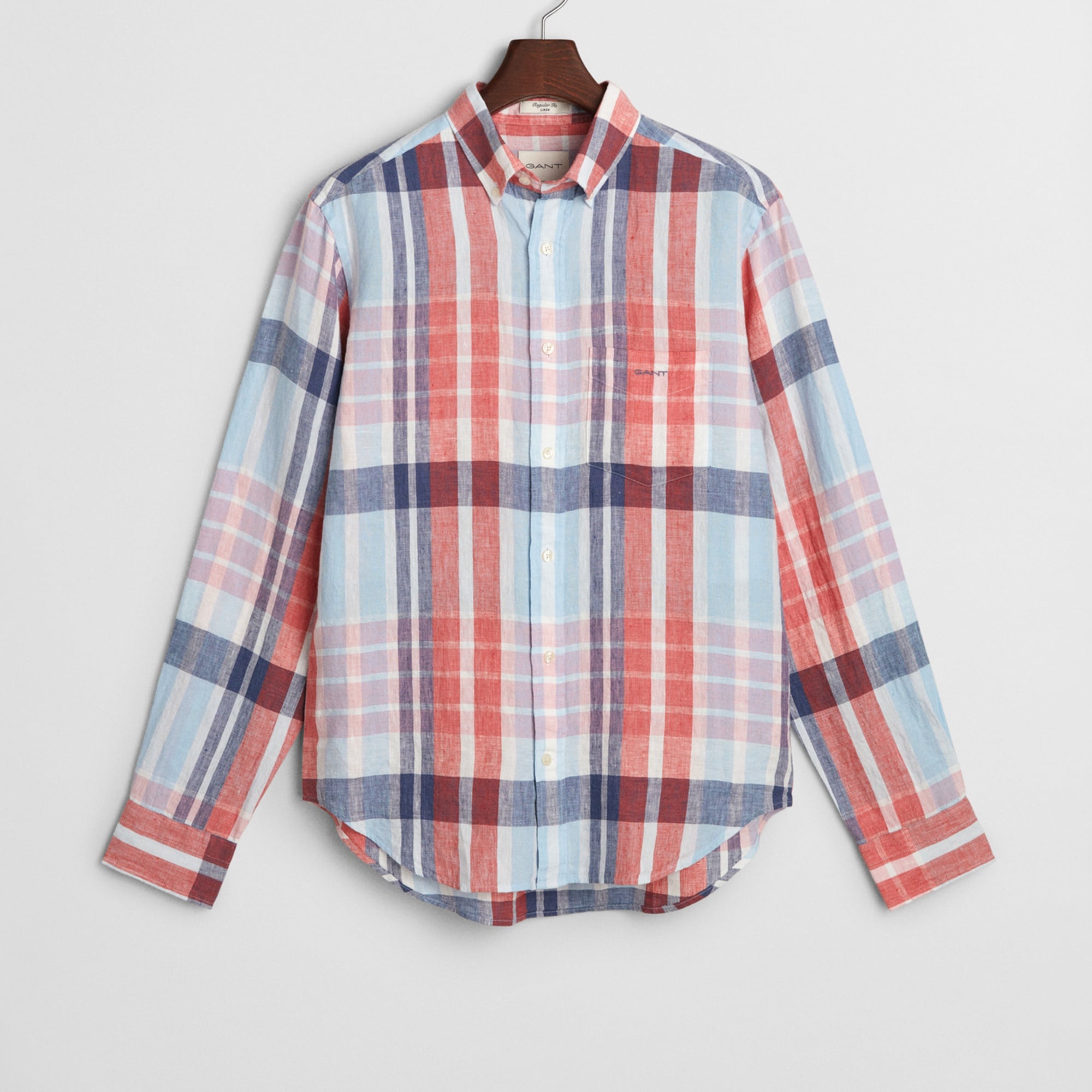 GANT Erkek Kırmızı Regular Fit Düğmeli Yaka Kareli Keten Gömlek