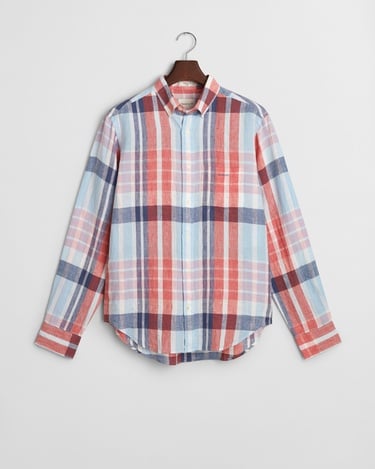  GANT Erkek Kırmızı Regular Fit Düğmeli Yaka Kareli Keten Gömlek