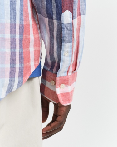  GANT Erkek Kırmızı Regular Fit Düğmeli Yaka Kareli Keten Gömlek