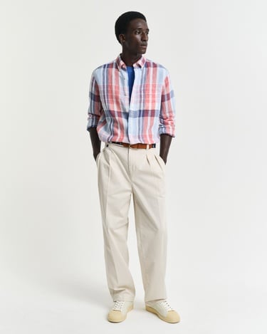  GANT Erkek Kırmızı Regular Fit Düğmeli Yaka Kareli Keten Gömlek