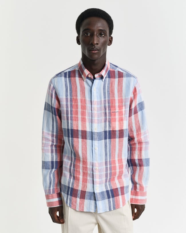  GANT Erkek Kırmızı Regular Fit Düğmeli Yaka Kareli Keten Gömlek