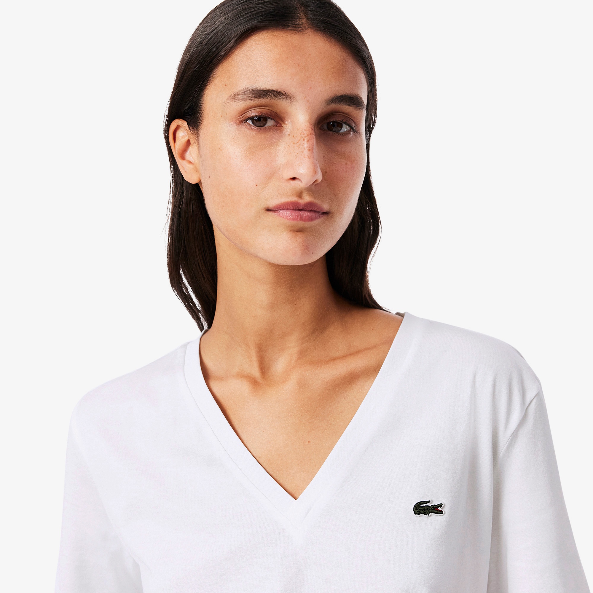 Lacoste Kadın Relaxed Fit V Yaka Beyaz T-Shirt