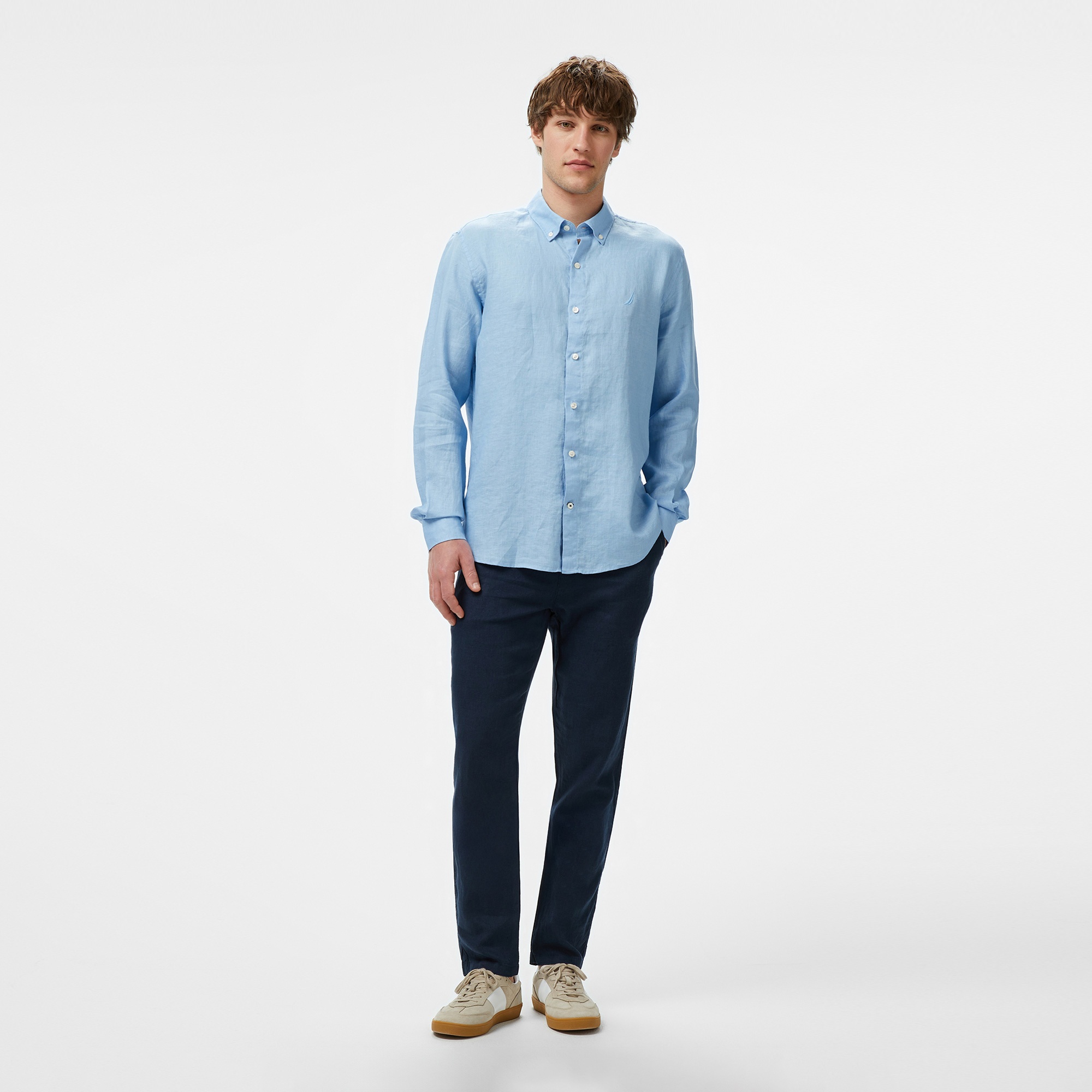 Nautica Erkek Mavi Classic Fit Keten Gömlek