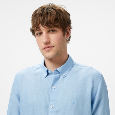  Nautica Erkek Mavi Classic Fit Keten Gömlek