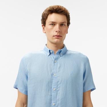 Nautica Erkek Mavi Classic Fit Keten Gömlek