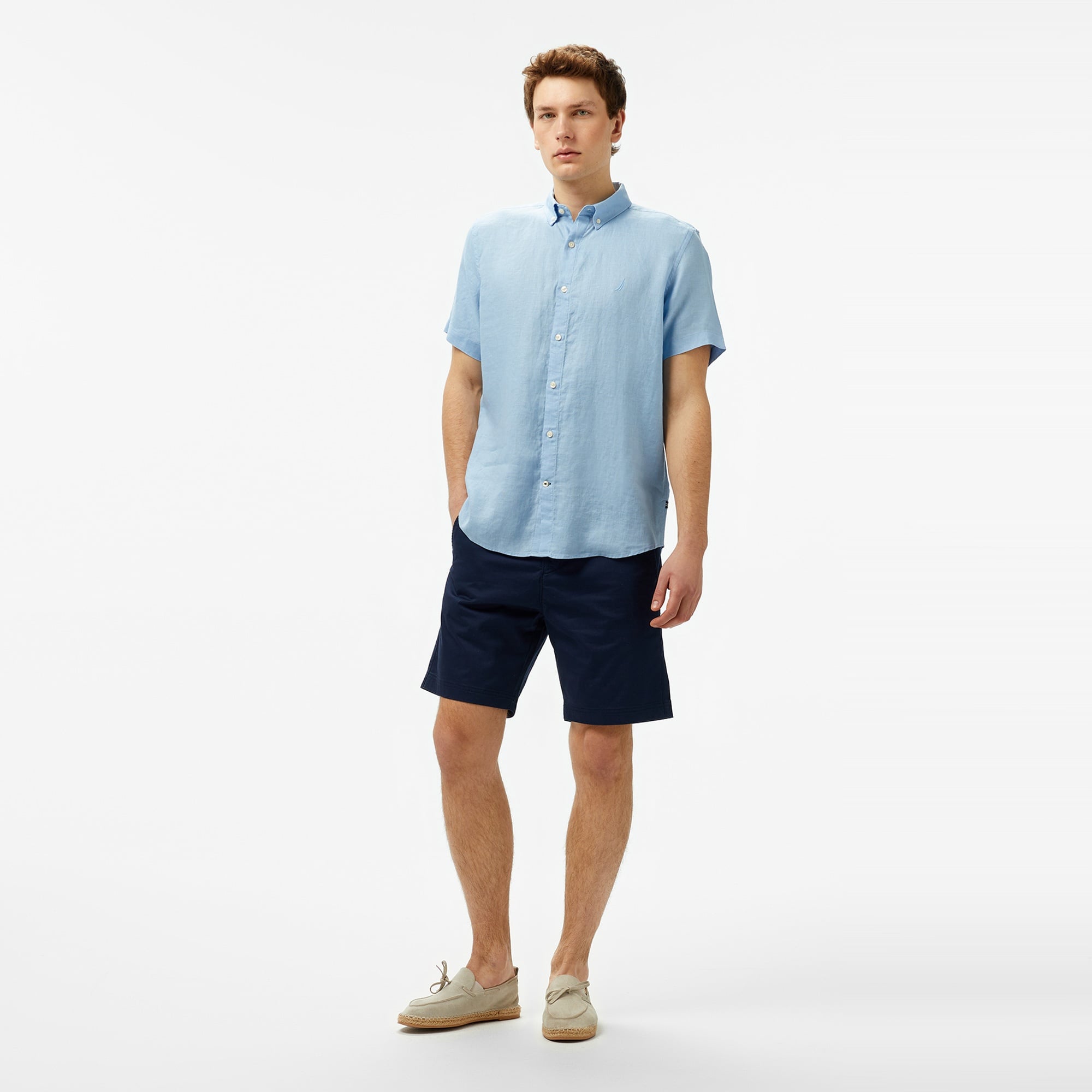 Nautica Erkek Mavi Classic Fit Keten Gömlek