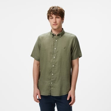  Nautica Erkek Haki Classic Fit Keten Gömlek