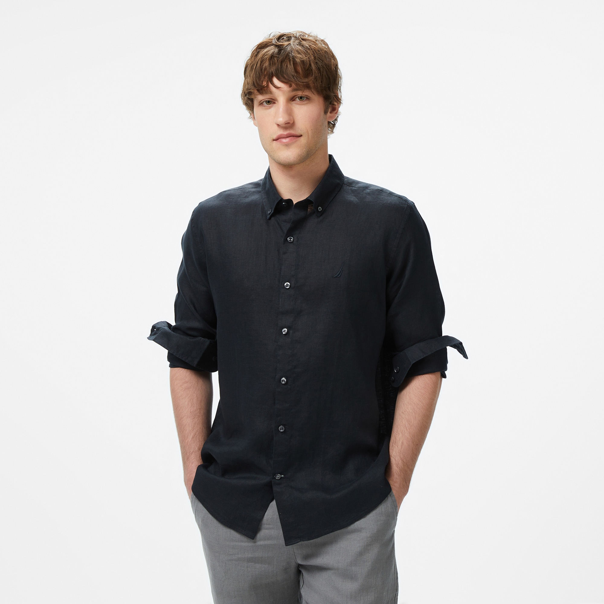 Nautica Erkek Siyah Classic Fit Keten Gömlek