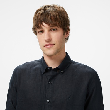  Nautica Erkek Siyah Classic Fit Keten Gömlek