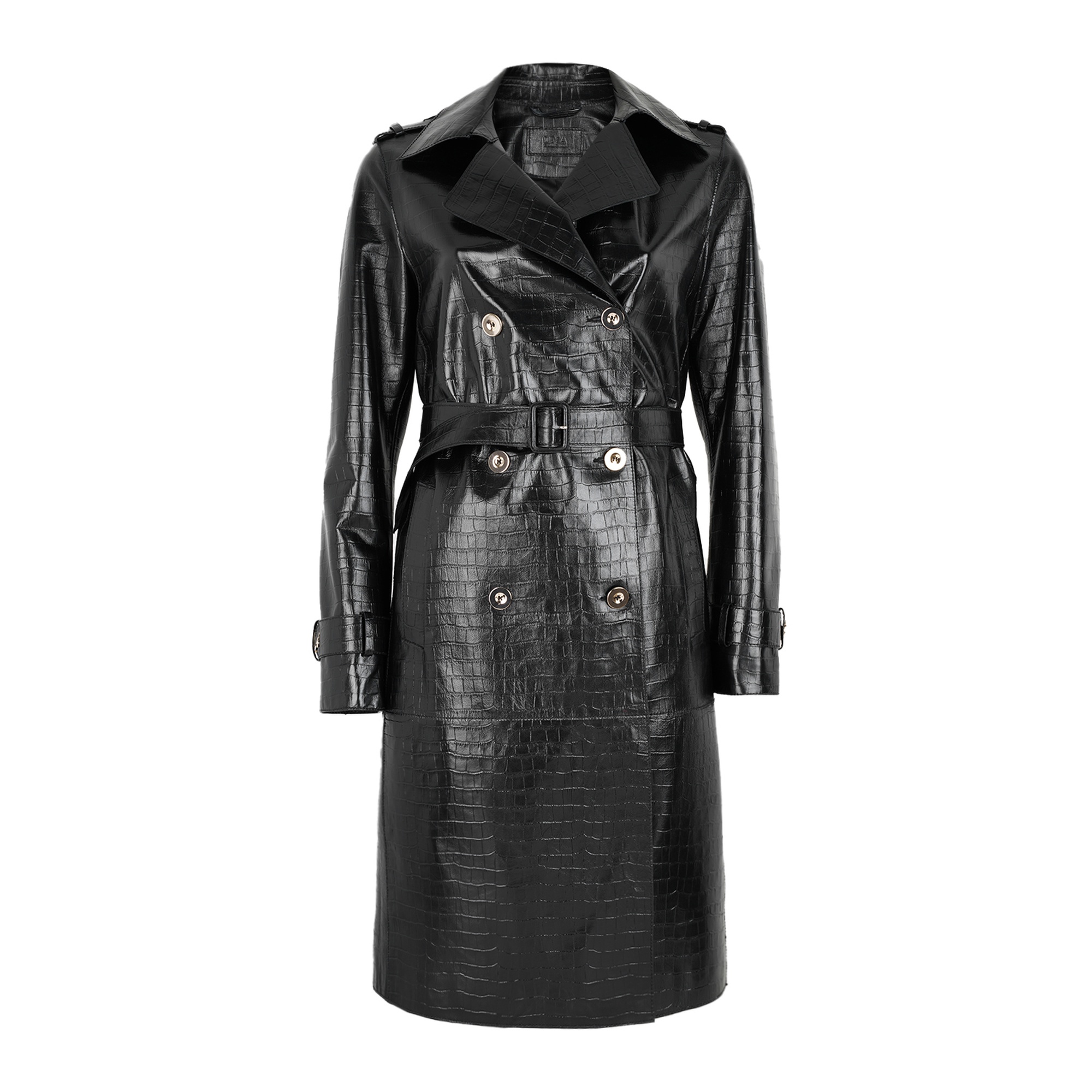 Kadın Siyah Kroko Baskılı Deri Trençkot