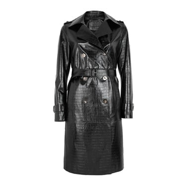  Kadın Siyah Kroko Baskılı Deri Trençkot