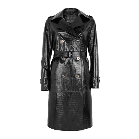  Kadın Siyah Kroko Baskılı Deri Trençkot