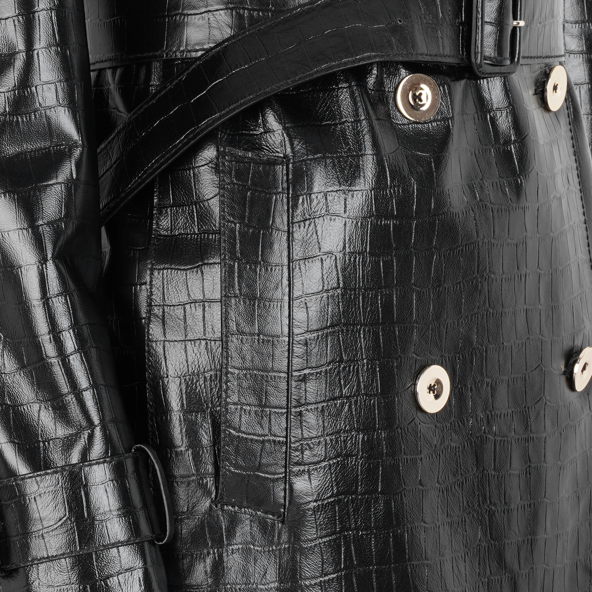 Kadın Siyah Kroko Baskılı Deri Trençkot