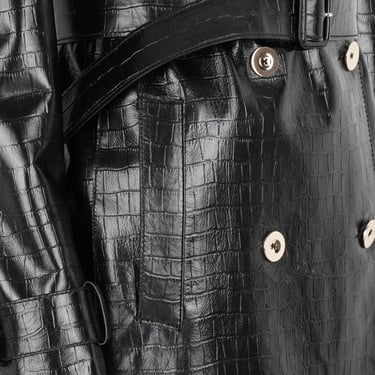  Kadın Siyah Kroko Baskılı Deri Trençkot