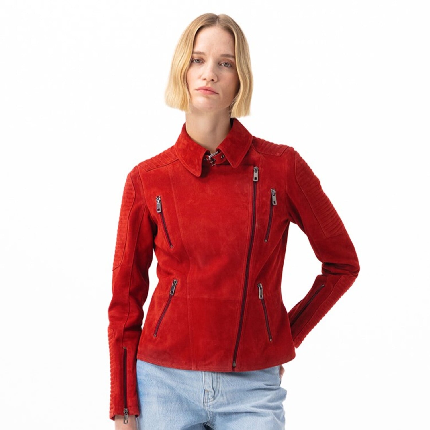  Kadın Kırmızı Süet Deri Ceket