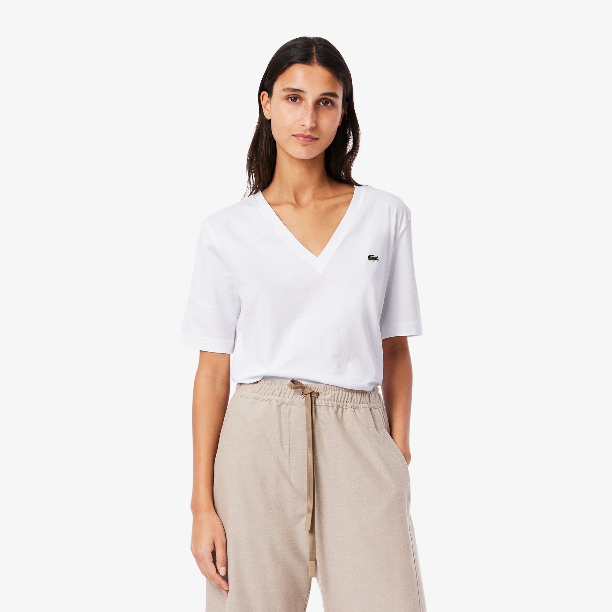 Lacoste Kadın Relaxed Fit V Yaka Beyaz T-Shirt