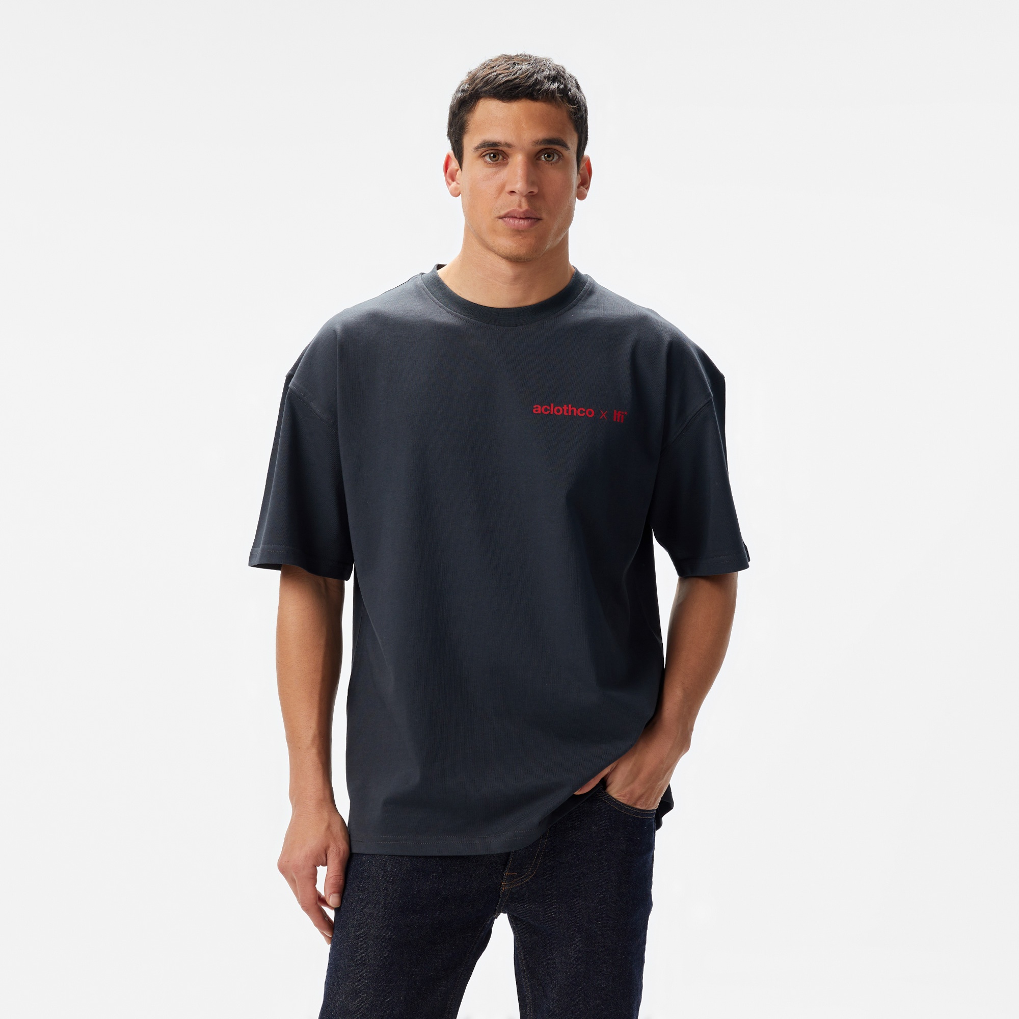 Aclothco X LFI Oversized Crew Neck Graphic Printed Unisex Antrasit T-Shirt